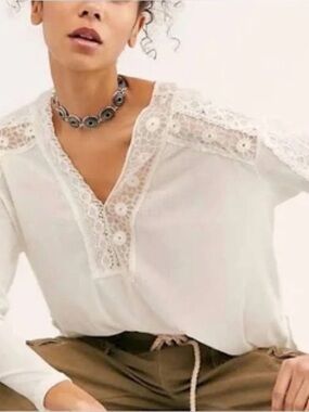 Free People Lola Lace Trim V-Neck Blouse in White.